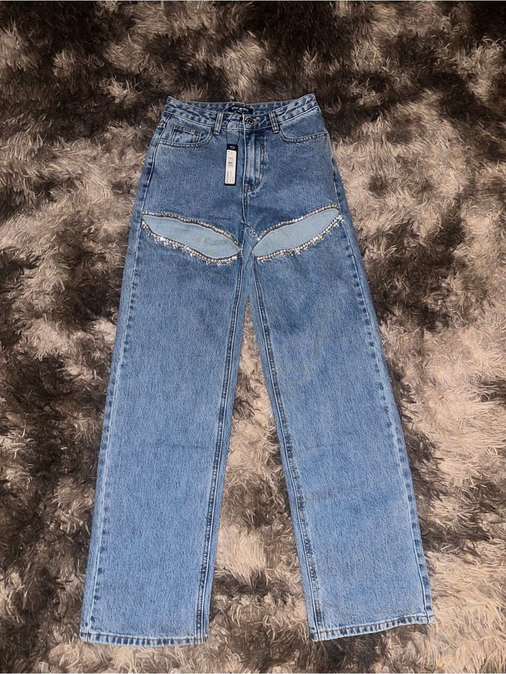 Steve Madden Light Blue Straight Leg Jeans with Rhinestone Trim